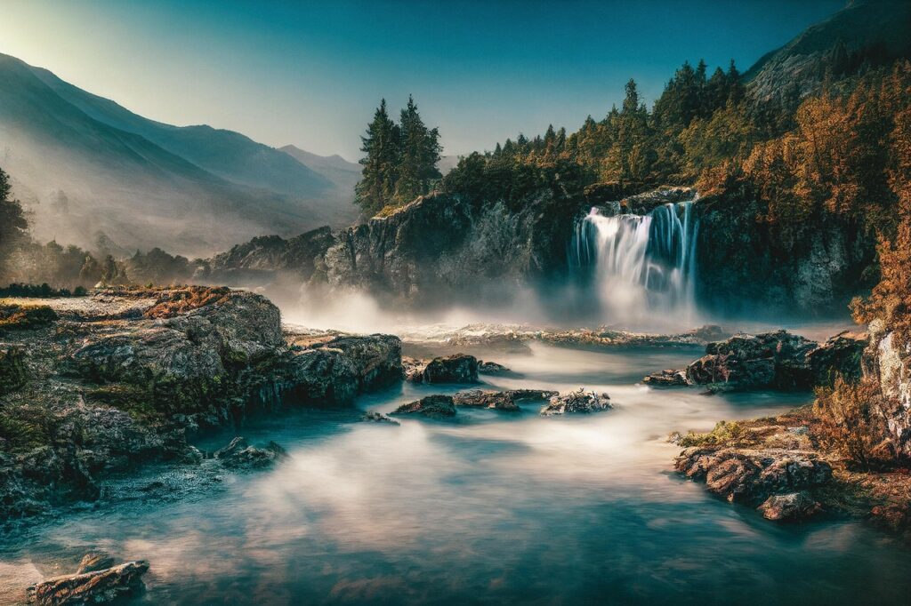 waterfall, river, rocks, nature, landscape, foggy, ai generated